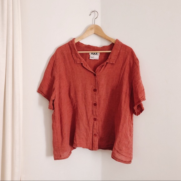 Flax Tops - FLAX / Short-sleeve Button-Down in Red / Large